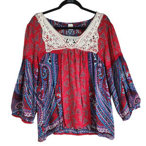 Bila Womens Tunic Top Blouse Size Large Red Blue Crochet Long Sleeve Bohemian